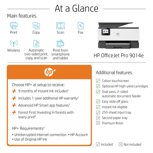 HP OfficeJet Pro HP 9014e All-in-One Printer, Color, Printer for Small office, Print, copy, scan, fax, HP+; HP Instant Ink eligible; Automatic document feeder; Two-sided printing HP OfficeJet Pro HP 9014e All-in-One Printer, Color, Printer for Small office, Print, copy, scan, fax, HP+; HP Instant Ink eligible; Automatic document feeder; Two-sided printing